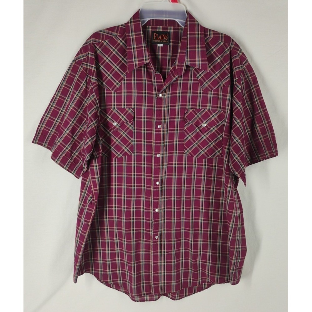 Plains‎ Western Wear Mens XL Maroon/Burgundy Plaid Pearl Snap Button Up Shirt